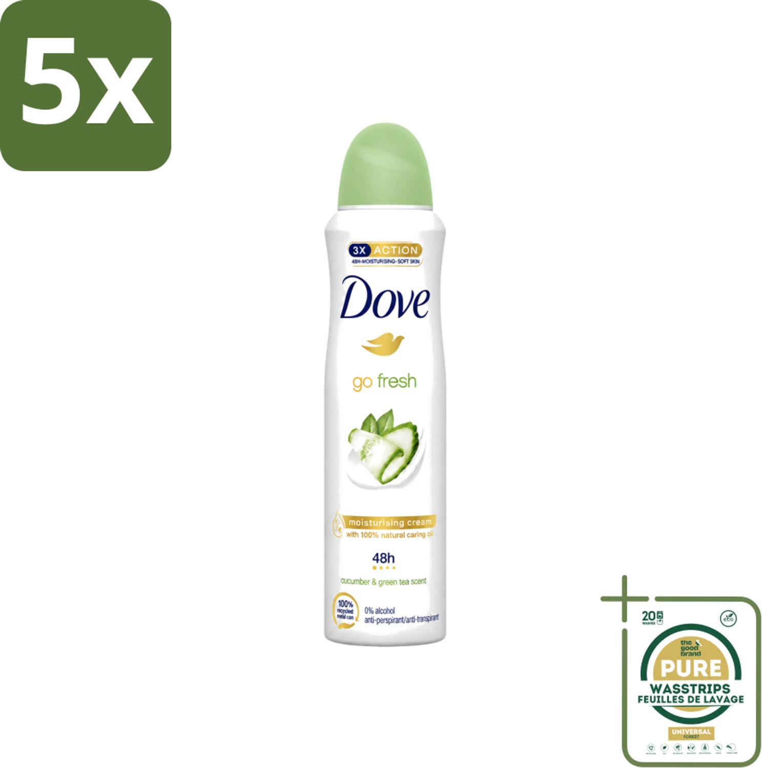5 x Dove - Deodorant - Go Fresh Cucumber & Green Tea - Frisse en kalmerende geur - 150 ml - Wasstrips - Dove Go Fresh - Cucumber & Green Tea - Deodorant Spray - Fris - Kalmerend