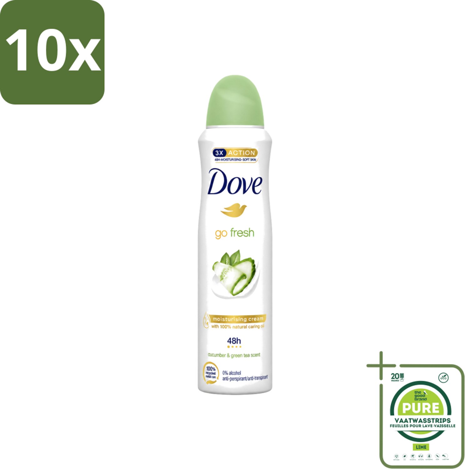 10 x Dove - Deodorant - Go Fresh Cucumber & Green Tea - Frisse en kalmerende geur - 150 ml - Grootverpakking - Vaatwasstrips - Cucumber & Green Tea Deodorant Spray - Frisheid - Zweetvermindering - Geur - Huidverzorging