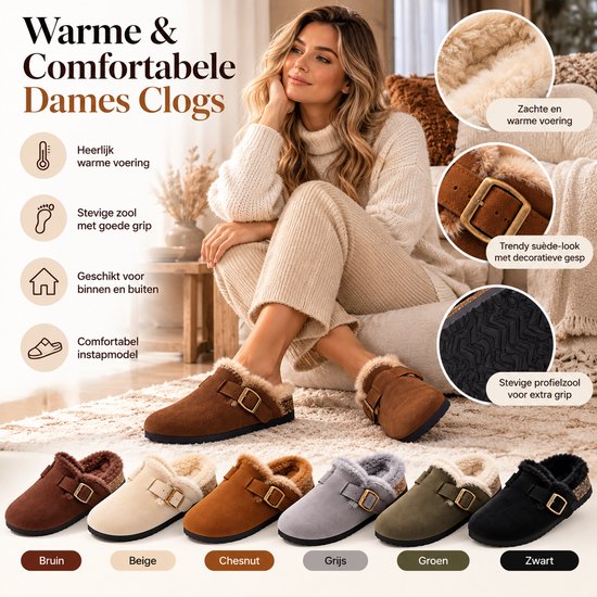 Vrouw draagt bruine suède clogs met warme voering, decoratieve gesp en stevige profielzool, beschikbaar in zes kleuren.