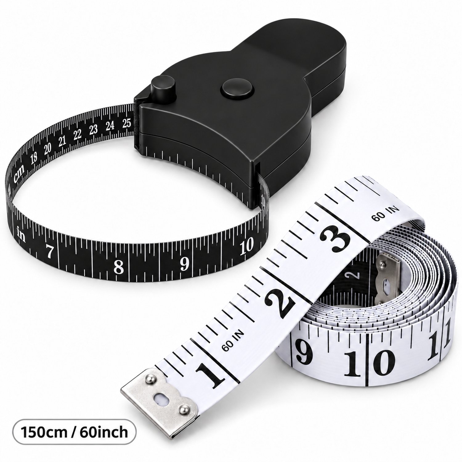 Tolvia Meetlint Set 2-delig - Lichaamsmeetlint 150 cm met Zelfklemmende Omtrekmeter - Intrekbaar Meetlint & Flexibel Centimeterlint - Voor Taille, Borst, Heupen en Naaien - Zwart