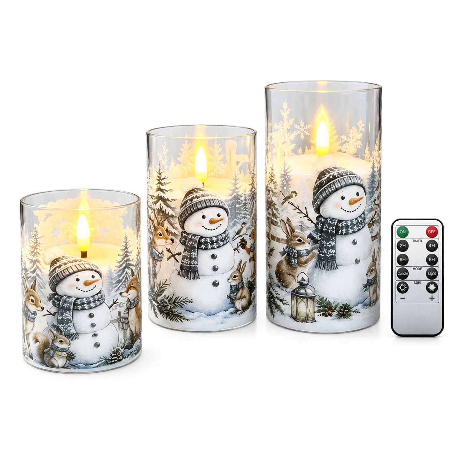 SWGOTA led kaarsen, set van 3 met sneeuwmanmotief, warm geel licht en afstandsbediening, op batterijen, batterijen niet inbegrepen Bruin