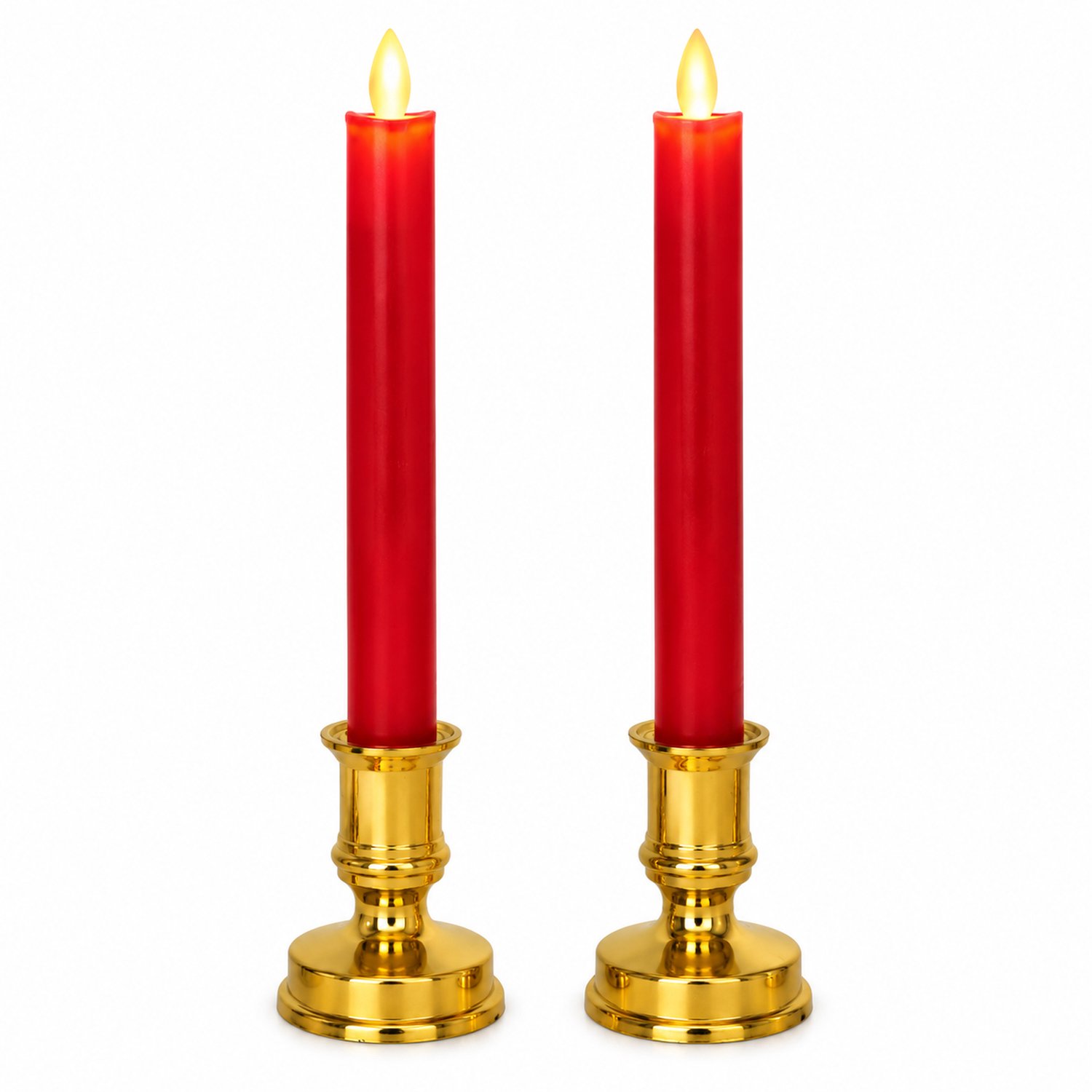 SWGOTA led kaarsen, 2 rode staafkaarsen met goudkleurige voeten en warmgele vlamvormige verlichting, voor bruiloften en feestdecoratie Rood