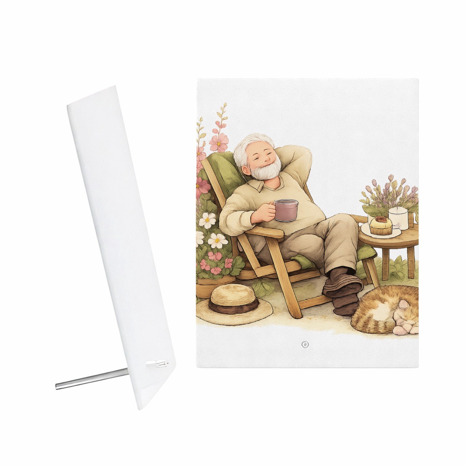 Mr Cadeautjes Glazen fotopaneel Een vrolijke overgangsillustratie rond vrijetijd en rust, me - 15 x 20 cm, staand - glas, decoratie, wanddecoratie | cadeau Wit