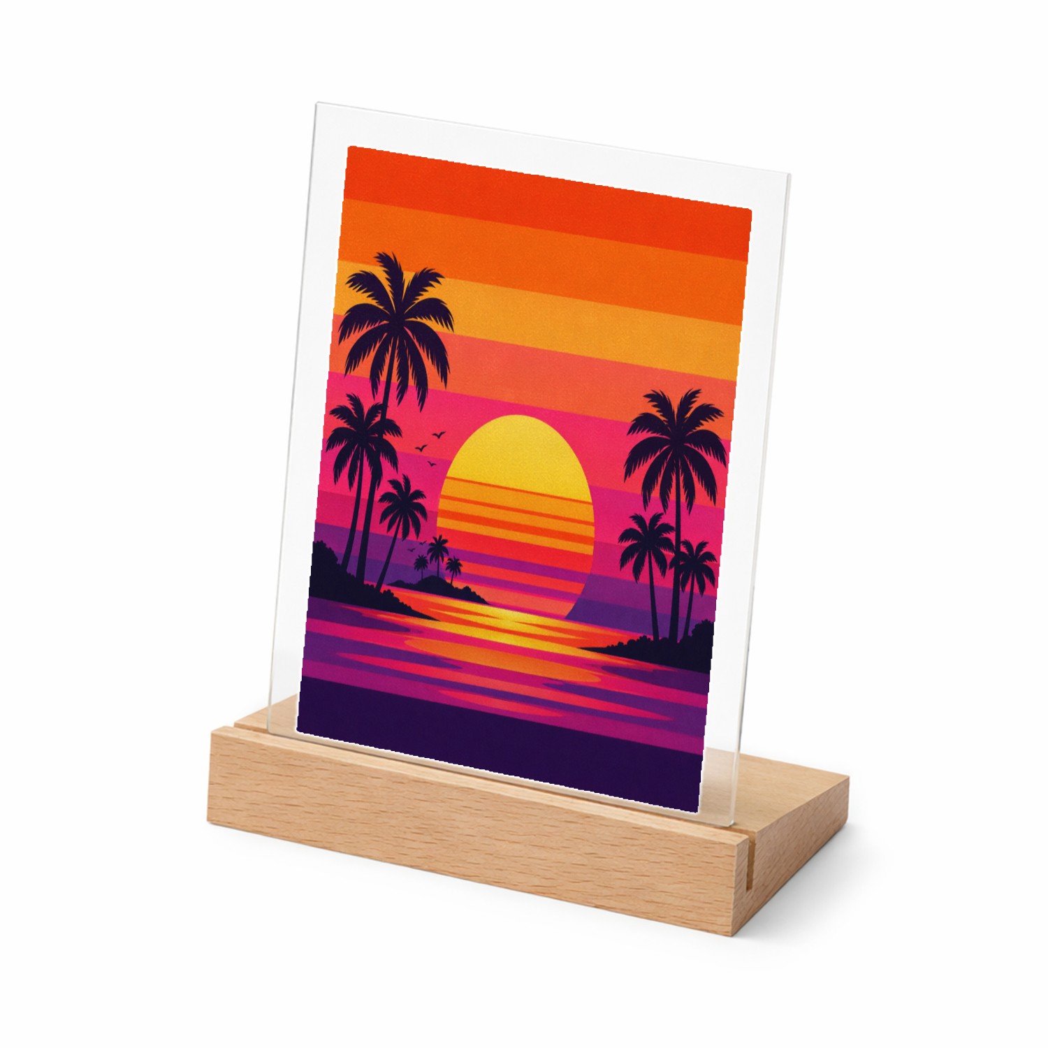 Mr Cadeautjes Glasframe met vaste tekst - design Retro zonsondergang met palmen | cadeau Wit