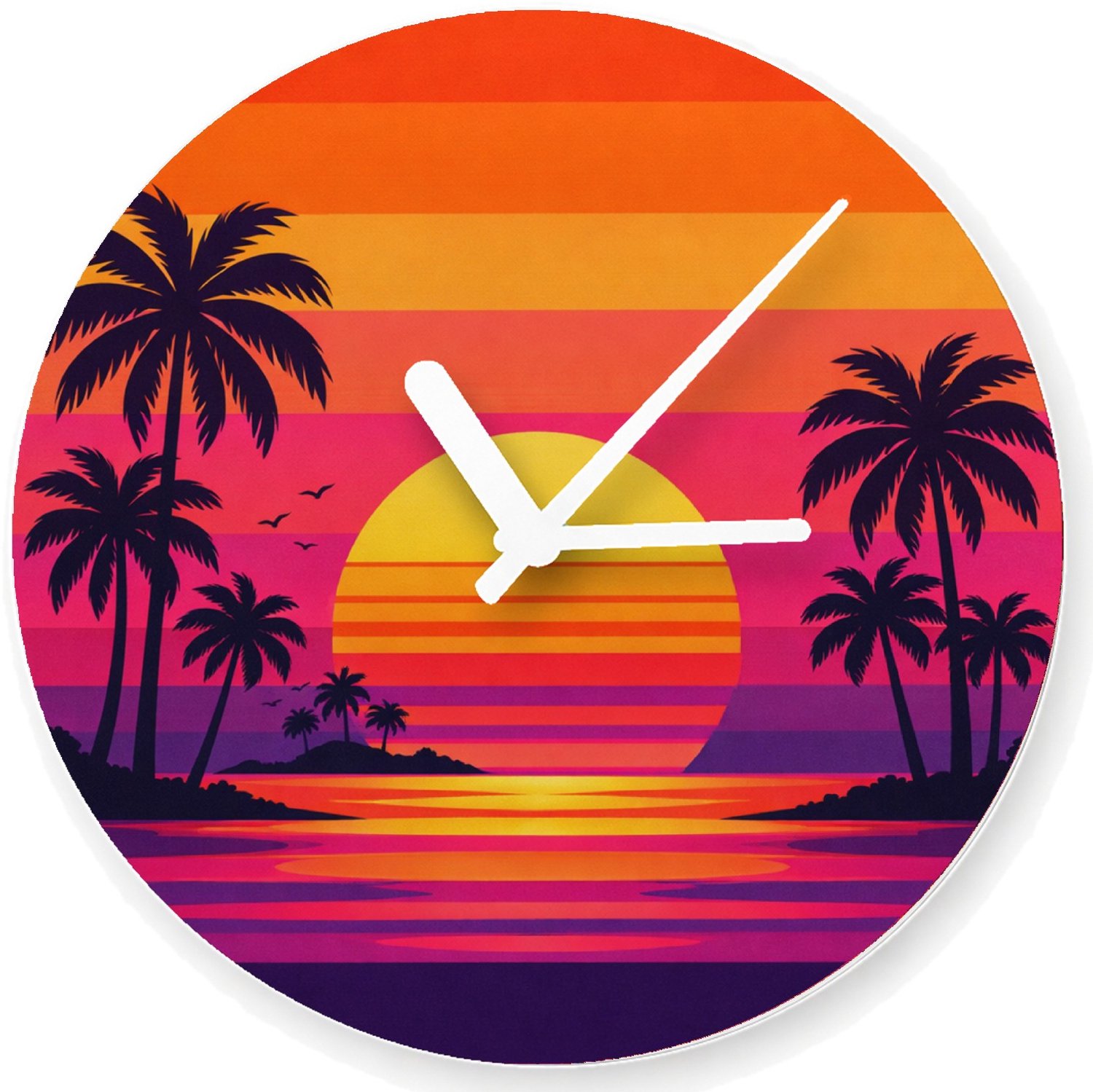 Mr Cadeautjes Glazen klok Ø 20 - design Retro zonsondergang met palmen | cadeau Wit