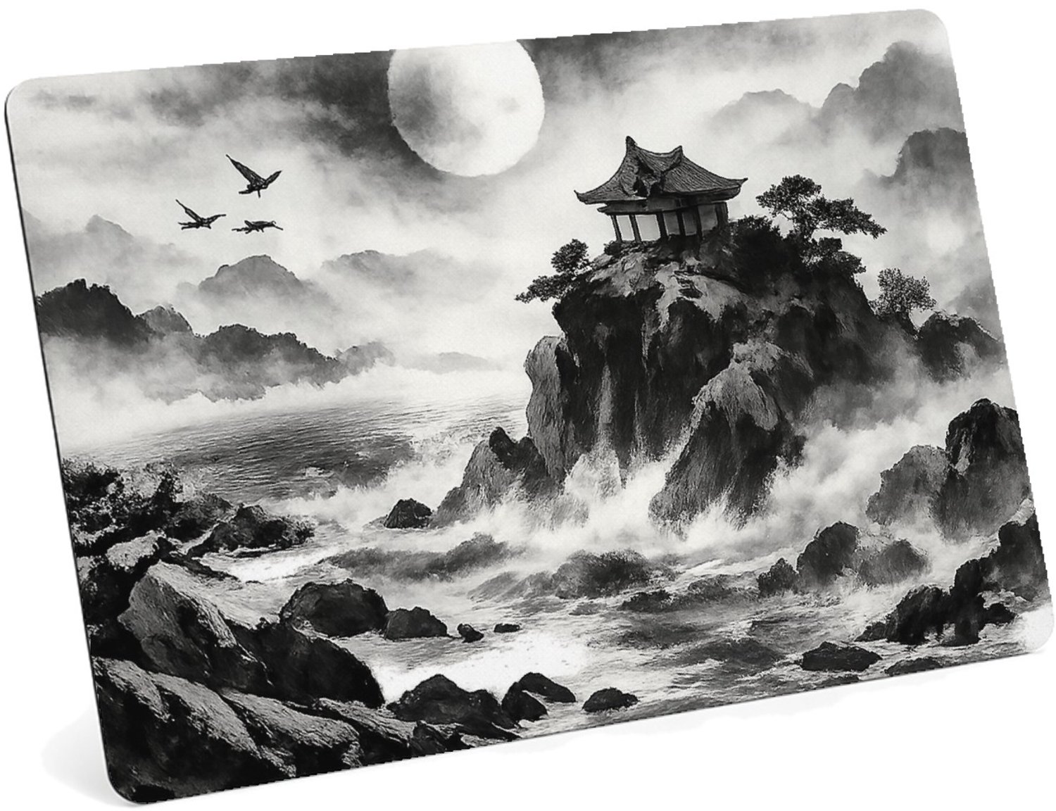 Mr Cadeautjes MDF magnetische fotolijst 28 x 19 - design Nachtelijk kustpanorama met rotsen, maan, golven en een klei | cadeau Wit