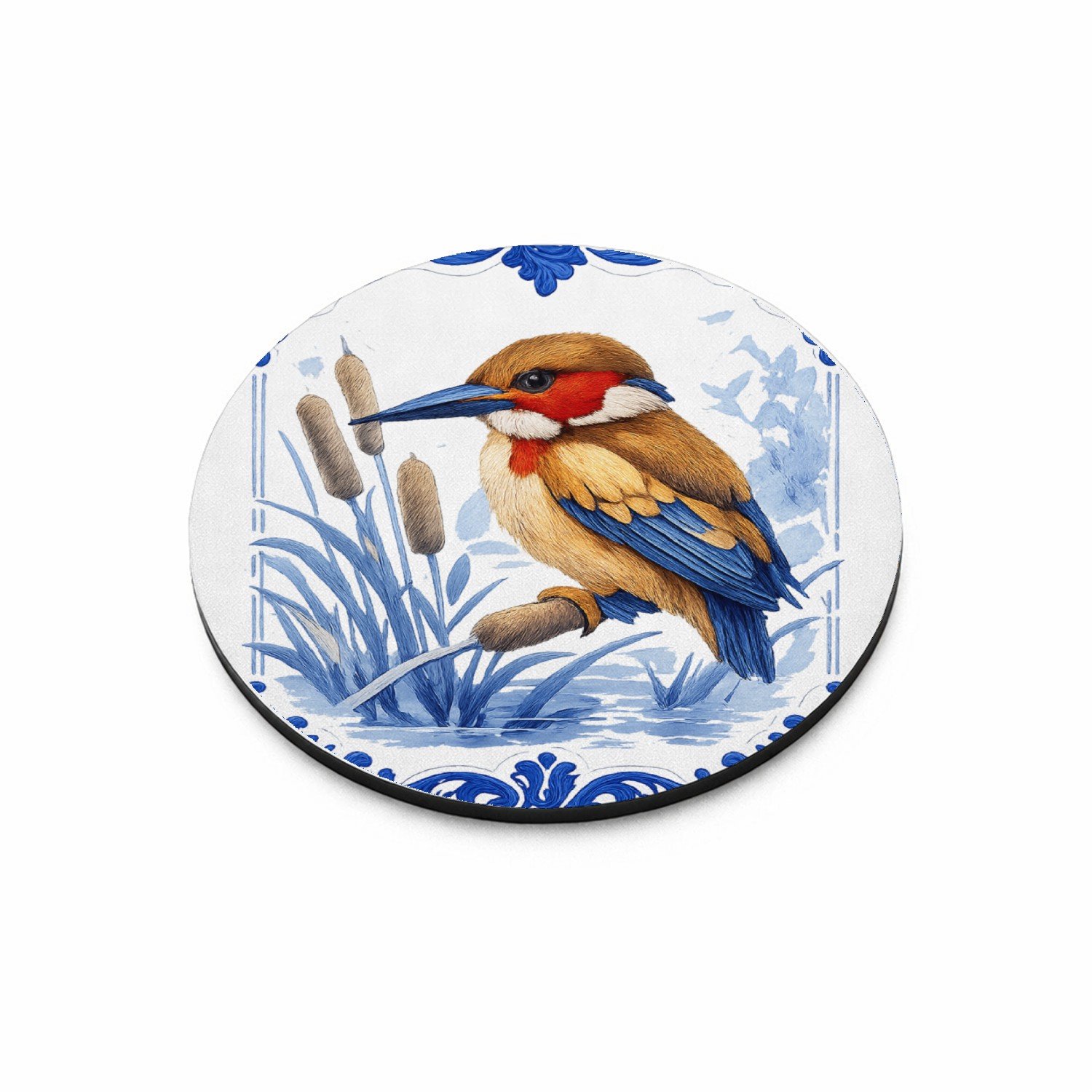 Mr Cadeautjes MDF magnetische fotolijst rond Ø 9,5 - design Elegante zeedier-illustratie met porseleinen rand | cadeau Wit