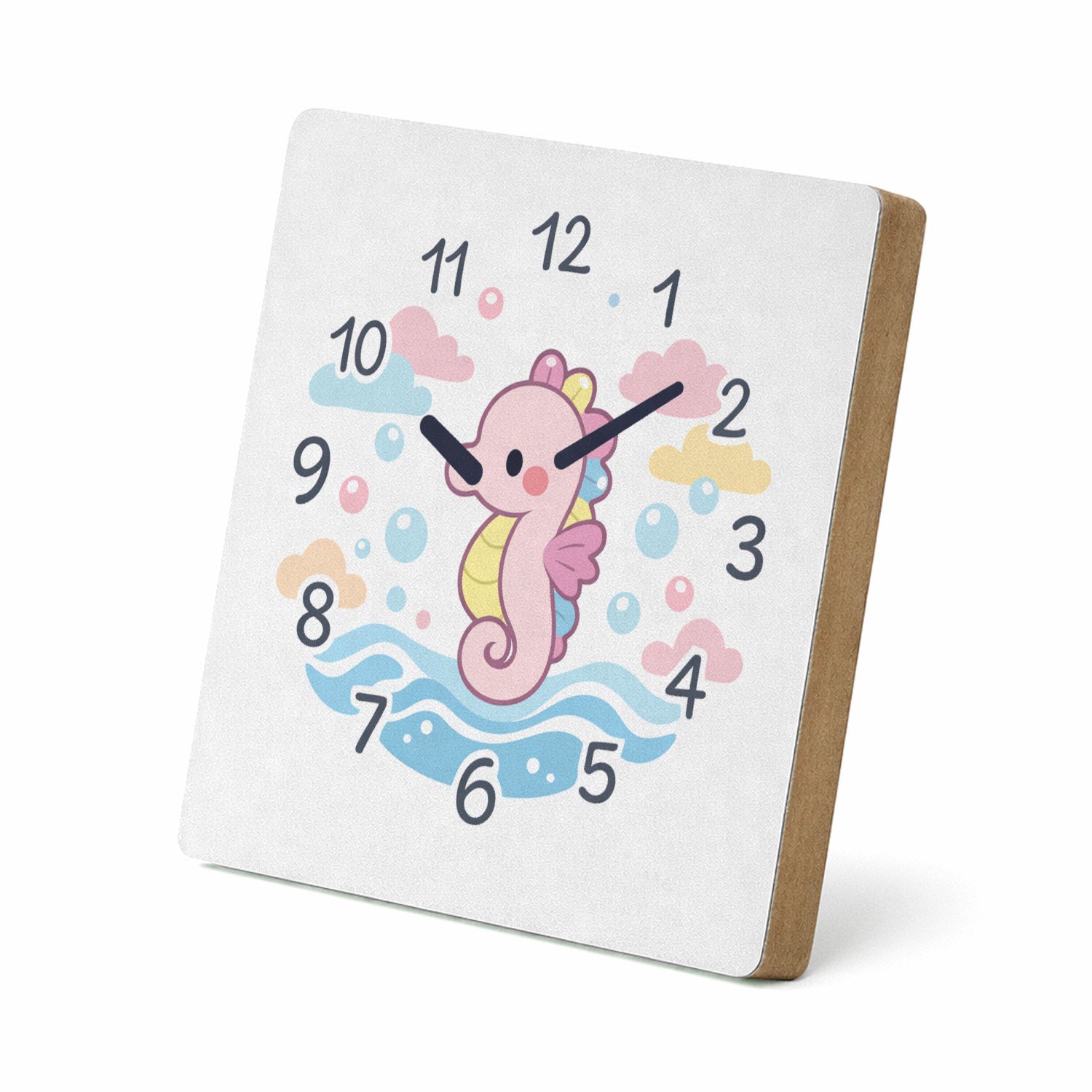Mr Cadeautjes MDF staande fotolijst 15,2 x 15,2 - design Onderwaterklok met een schattige zeepaardje-illustratie | cadeau Wit
