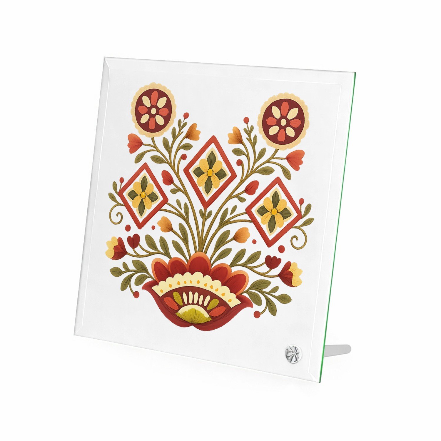 Mr Cadeautjes Glasframe 20 x 20 - design Een zonvormig botanisch medaillon met compacte, strakke symm | cadeau Wit
