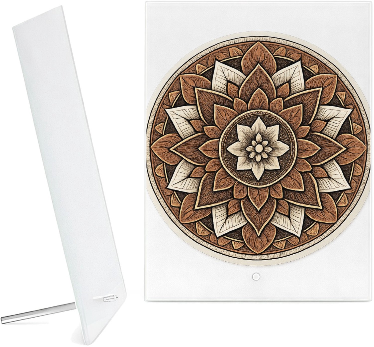 Mr Cadeautjes Glazen fotopaneel Ronde set met een stilistisch botanisch kompasmotief - 15 x 20 cm, staand - glas, decoratie, wanddecoratie | cadeau Wit