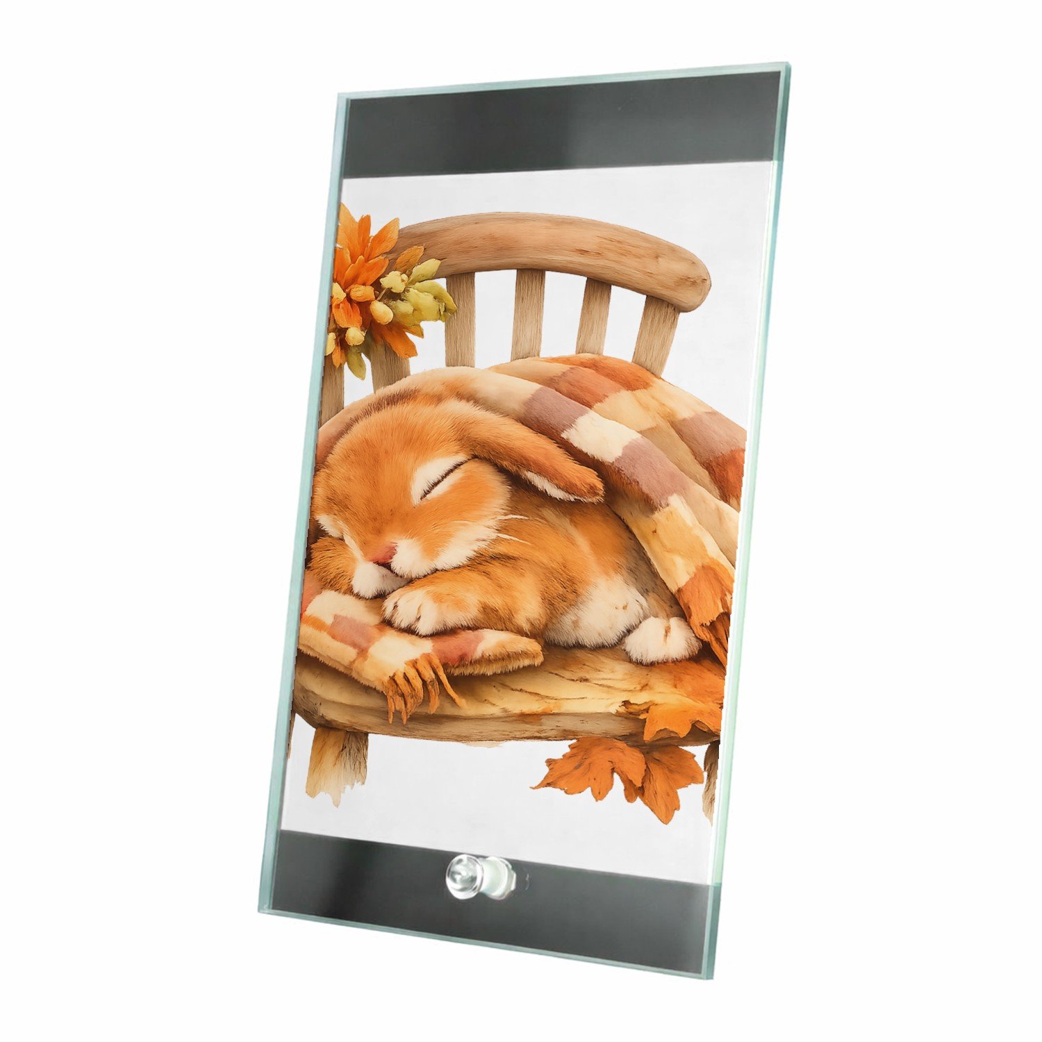 Mr Cadeautjes Glasframe 15 x 23 - design Een uitgestrekte konijnendut onder een plaid op een houten s | cadeau Wit