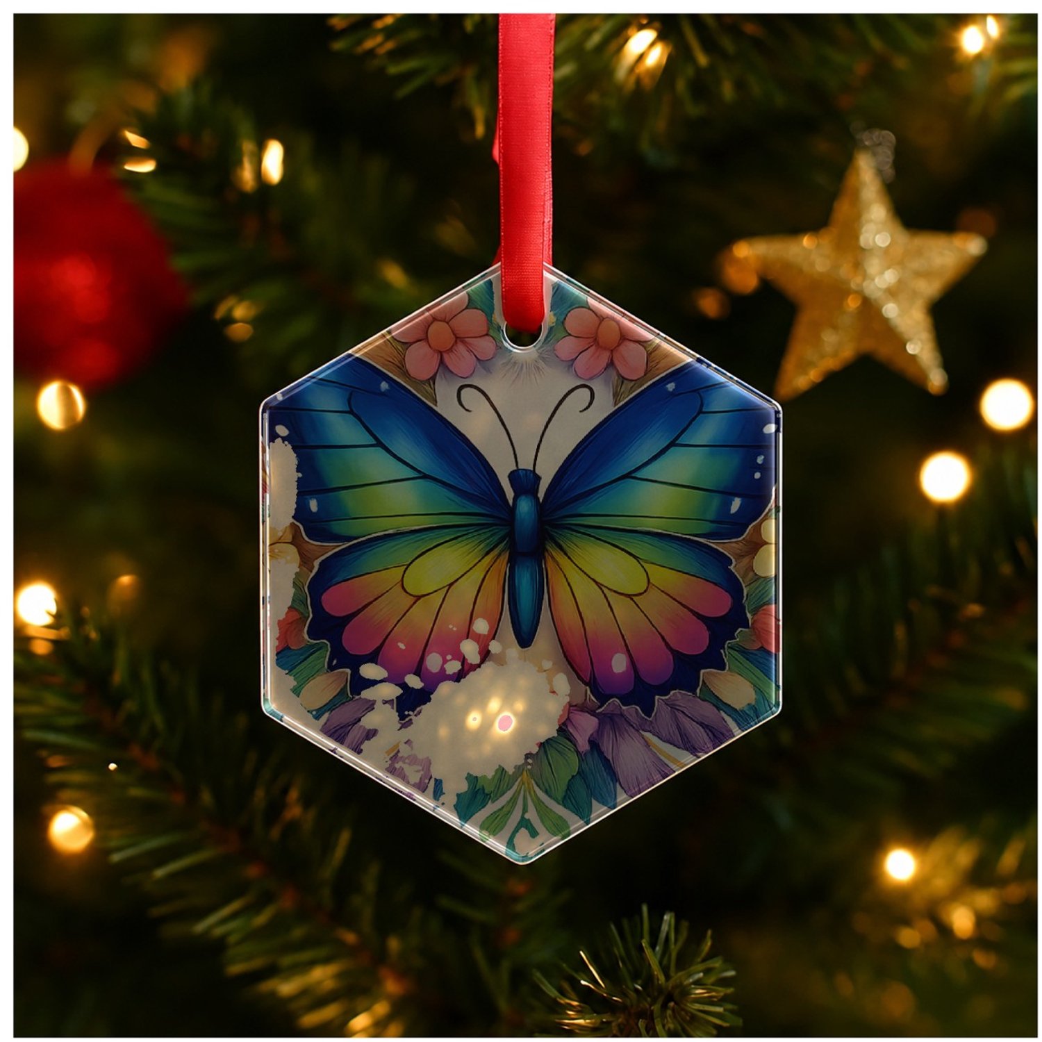Mr Cadeautjes Glazen hexagon - design Een trotse vlinder in een cirkel van grote, decoratieve vleu | cadeau Wit