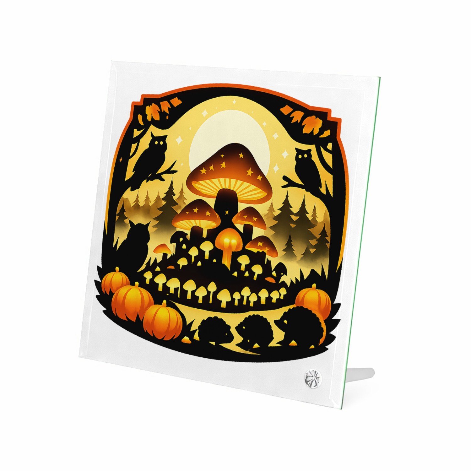 Mr Cadeautjes Glasframe 20 x 20 - design Herfstbos met een grote gloeiende paddenstoelheuvel en klein | cadeau Wit