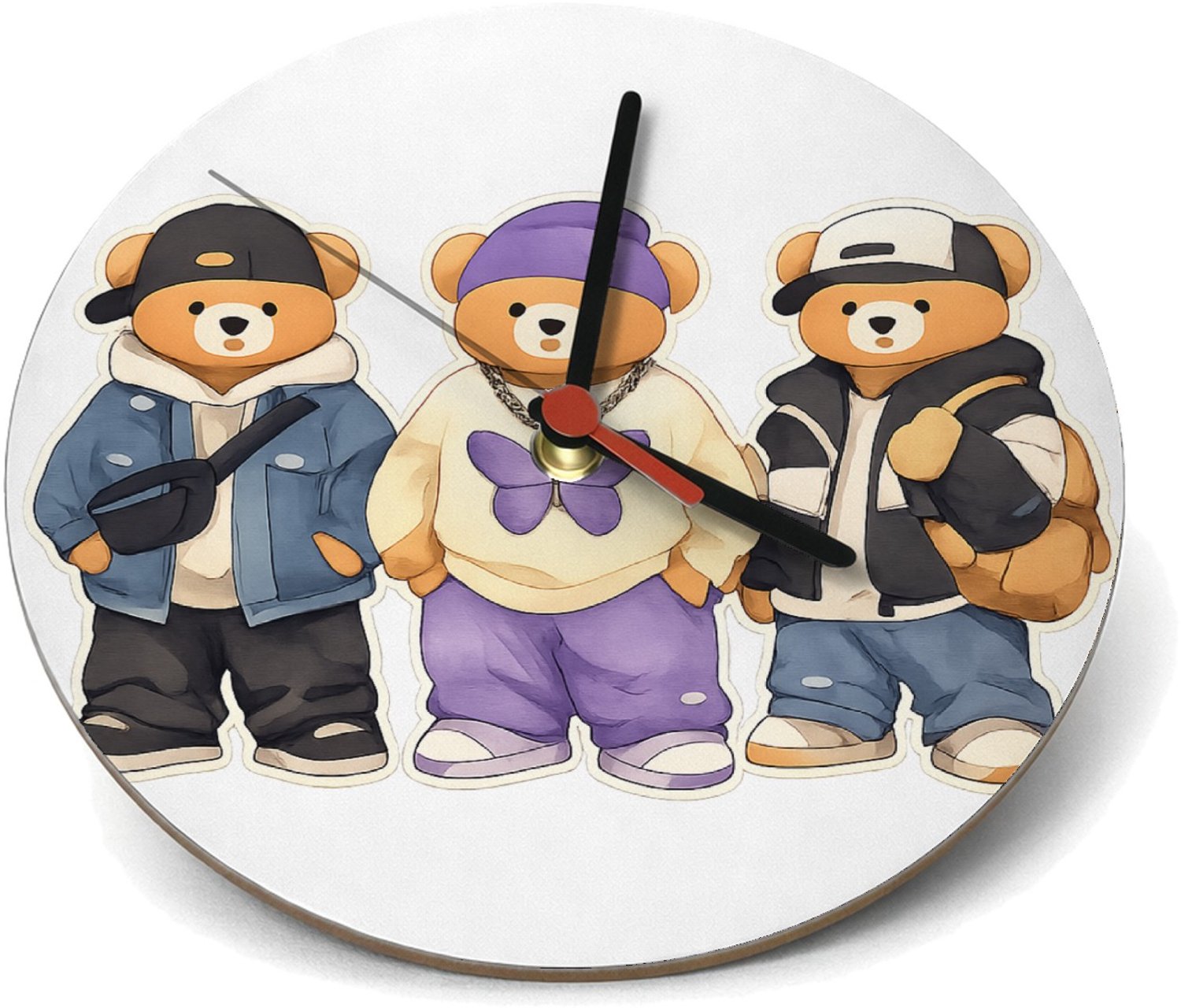Mr Cadeautjes Klok rond Ø 19 - design Een trio van konijnen als hippe stadsfiguren met jassen, pet | cadeau Wit