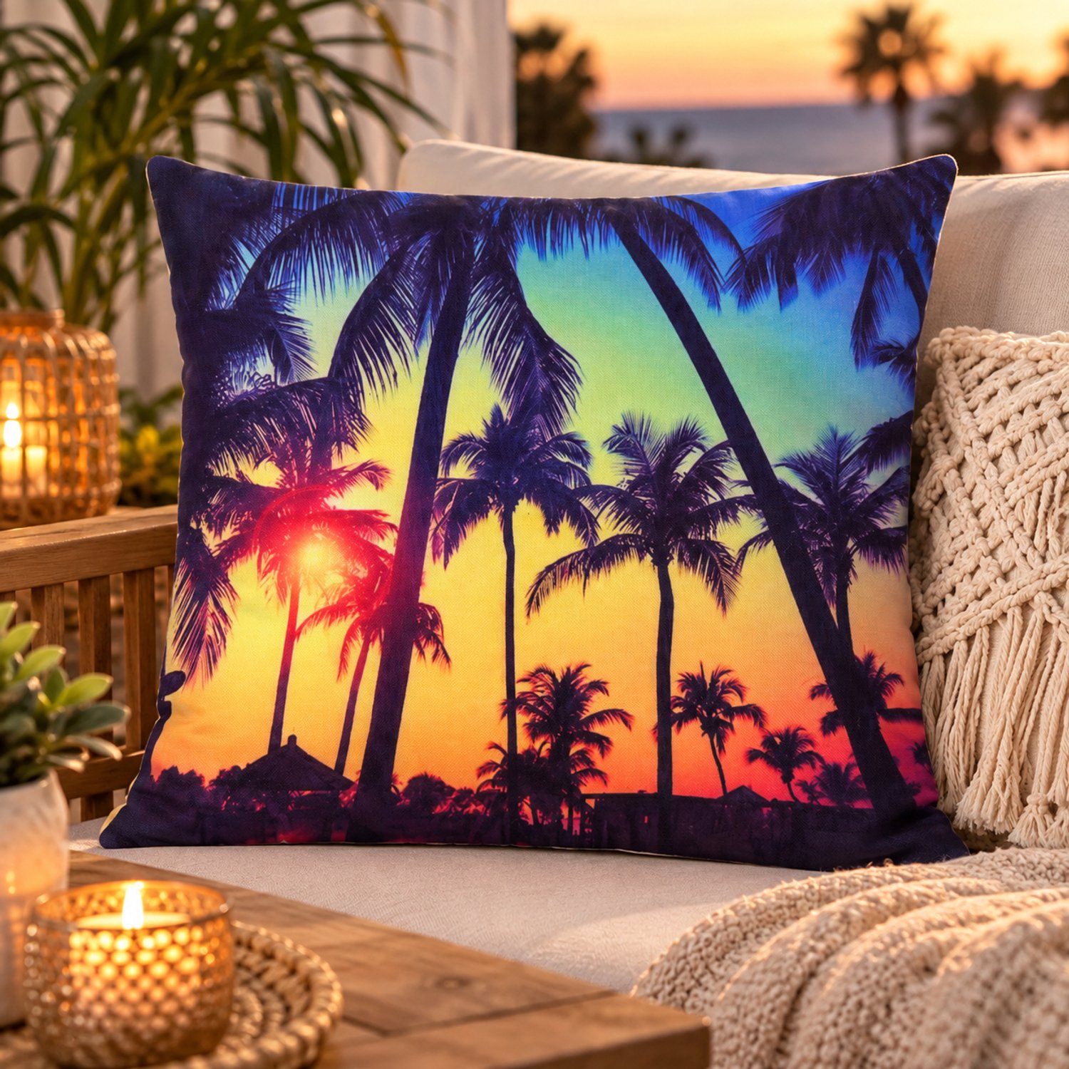 Unique Living 4 stuks - kussenhoes - sierkussenhoes - palmboom - fijn fluweel - ecru zijde achterkant - 45 x 45 cm - rits diverse kleuren - geel - blauw - zwart
