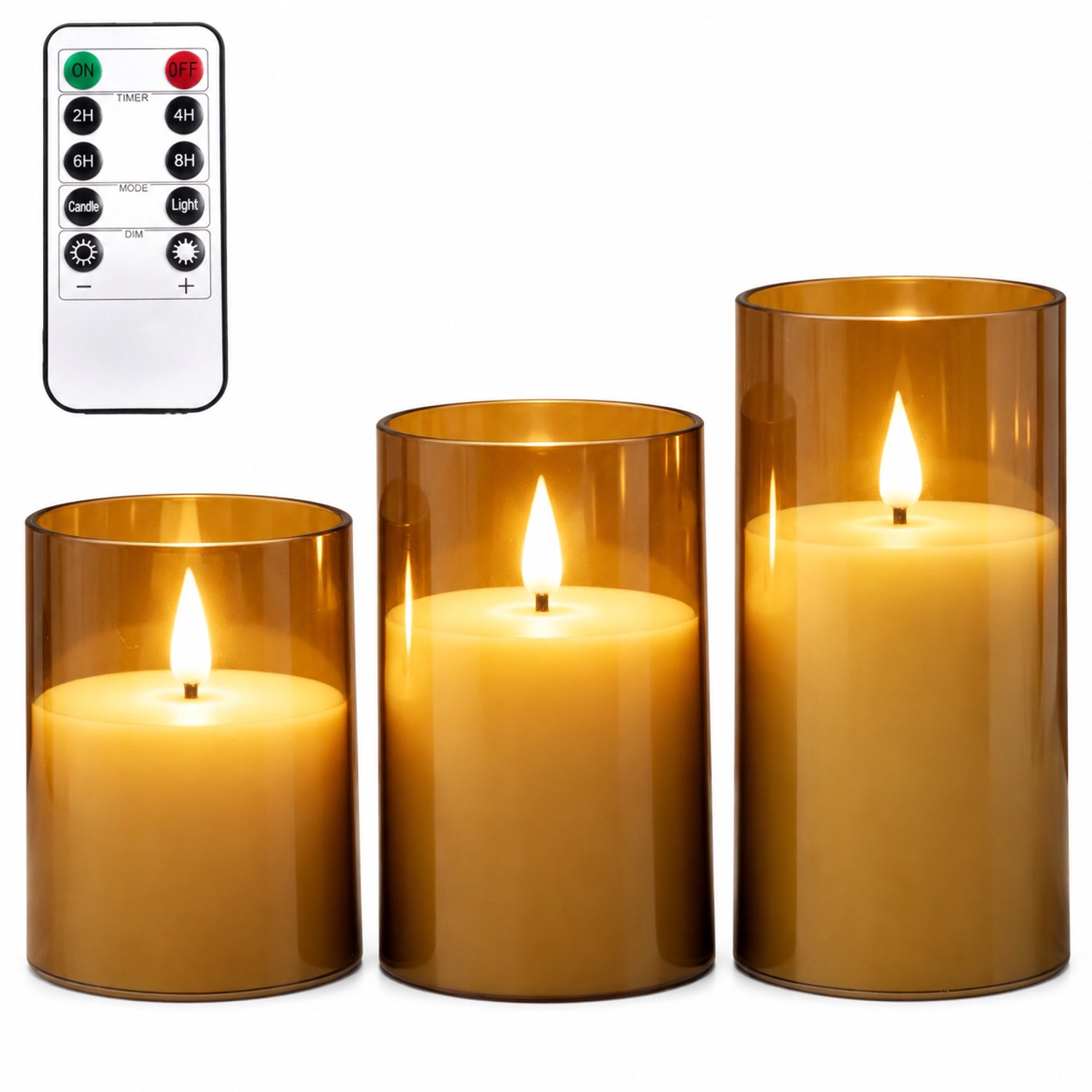 SWGOTA led kaarsen, 3 stuks per doos, met afstandsbediening, druppelvormige vlam en warme lichtkleur, bruine cilindervormige omhulsels, voor bruiloften en verjaardagen