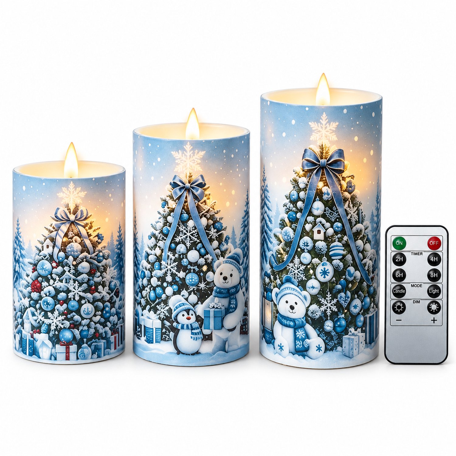 SWGOTA led kaarsen, set van 3 met blauw kerstboomdessin, verschillende hoogtes, warm licht en afstandsbediening, op batterijen, geleverd zonder batterijen