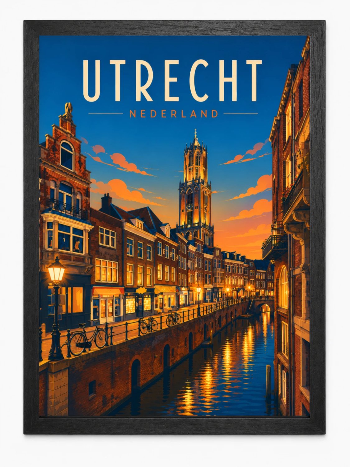 Joshimo Utrecht Vintage Poster | Retro Stadsillustratie Domtoren | Inclusief Zwarte A4 Lijst