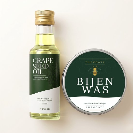 The Wootz flesje druivenpitolie en blikje bijenwas met groen-witte etiketten tegen een lichte achtergrond.