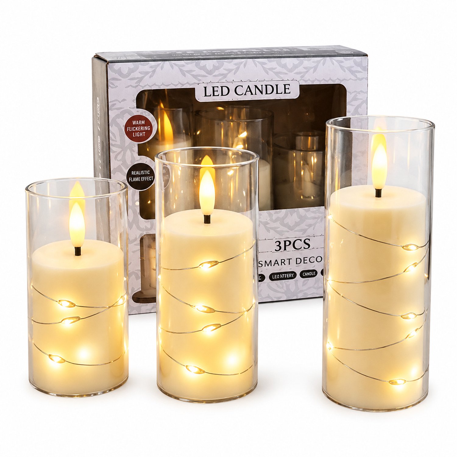 SWGOTA led kaarsen, set van 3 met vlamvormige LED en decoratief lichtsnoer, inclusief batterijen, transparante cilindervormige omhulsels en vensterdoos Bruin