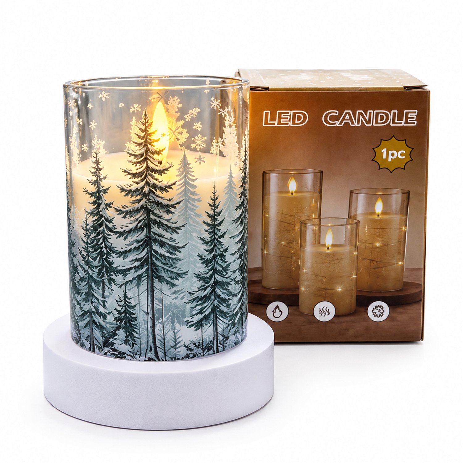 SWGOTA led kaarsen - 1 stuk, 7,5 x 10 cm, cederbos- en sneeuwvlokmotief, warm licht, met doos, batterijen niet inbegrepen Meerkleurig