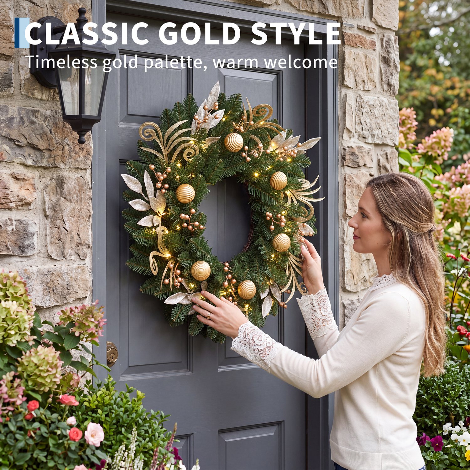 Moderne Kerstkrans 60 cm – Met Gouden Bladeren, Diamantdecoratie & Glitterballen – 50 LED Lampjes – Realistische Dennennaalden – Voor Voordeur, Muur & Raam – Goud – foto 6
