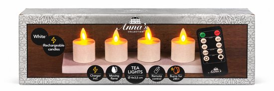 Anna's Collection Oplaadbare LED theelichtjes - 4x -wit - oplaadstation -afstandsbediening