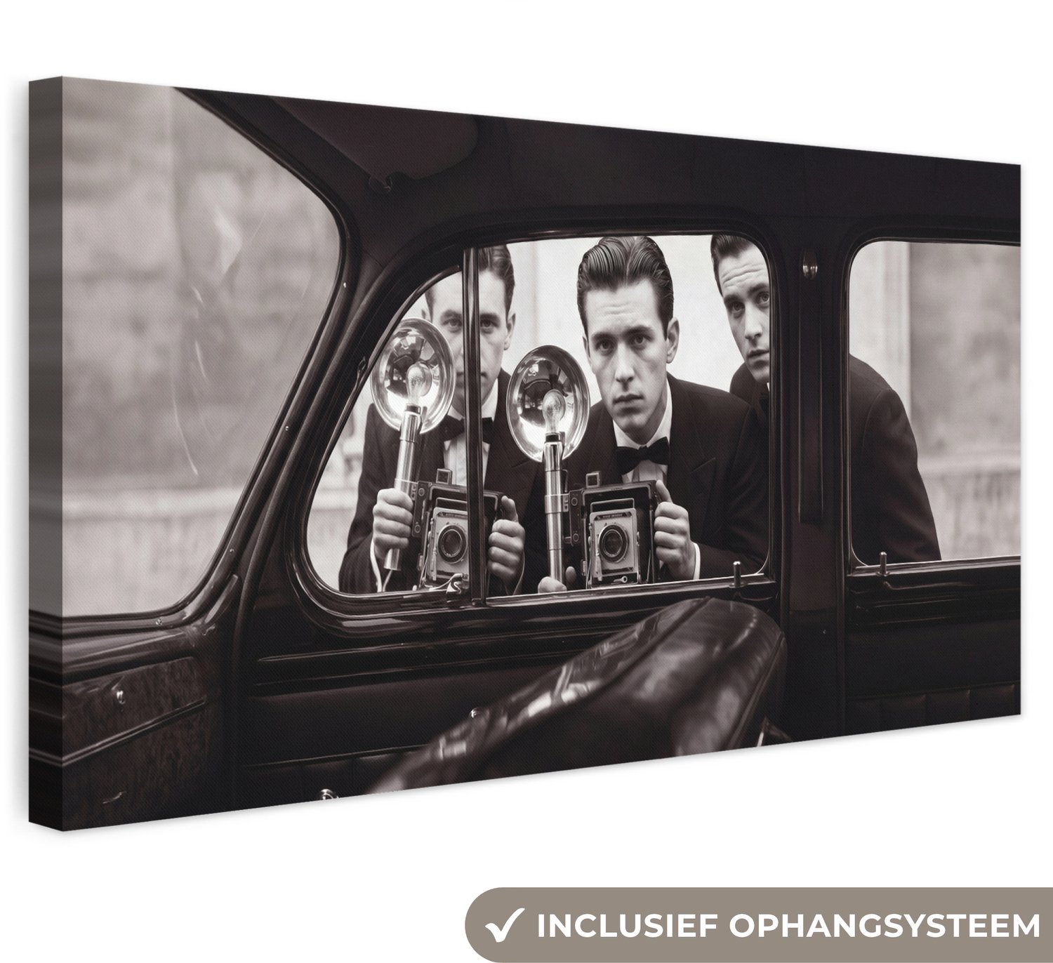 Canvas schilderij 40x20 cm - Exclusieve wanddecoratie Fotograaf - Camera - Vintage - Journalistiek - Zwart-wit - Muurdecoratie woonkamer - Slaapkamer decoratie - Kamer accessoires - Schilderijen op canvas