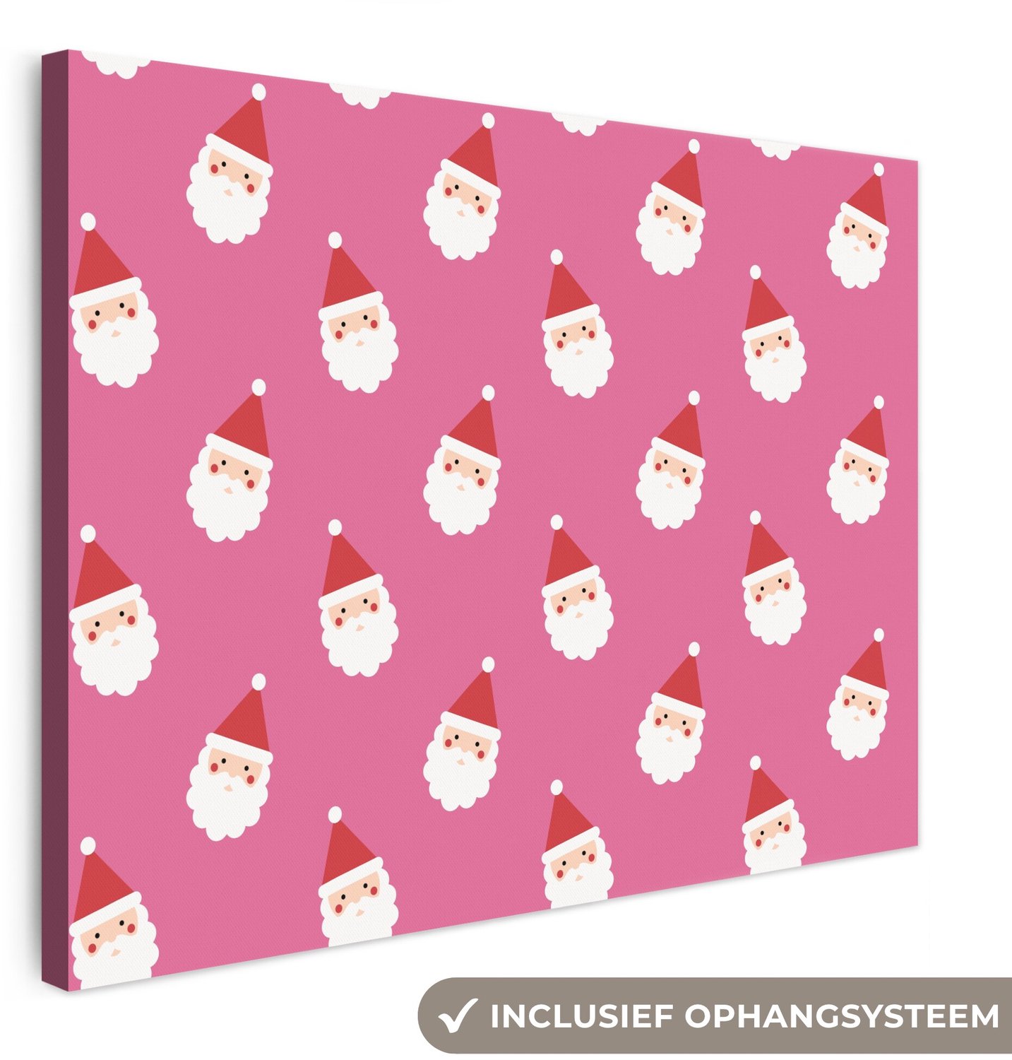 Canvas schilderij 100x70 cm - Exclusieve wanddecoratie Kerstman - Kerst - Rood - Roze - Muurdecoratie woonkamer - Slaapkamer decoratie - Kamer accessoires - Schilderijen op canvas - Kerstdecoratie voor binnen - Kerstversiering - Kerstmis versiering