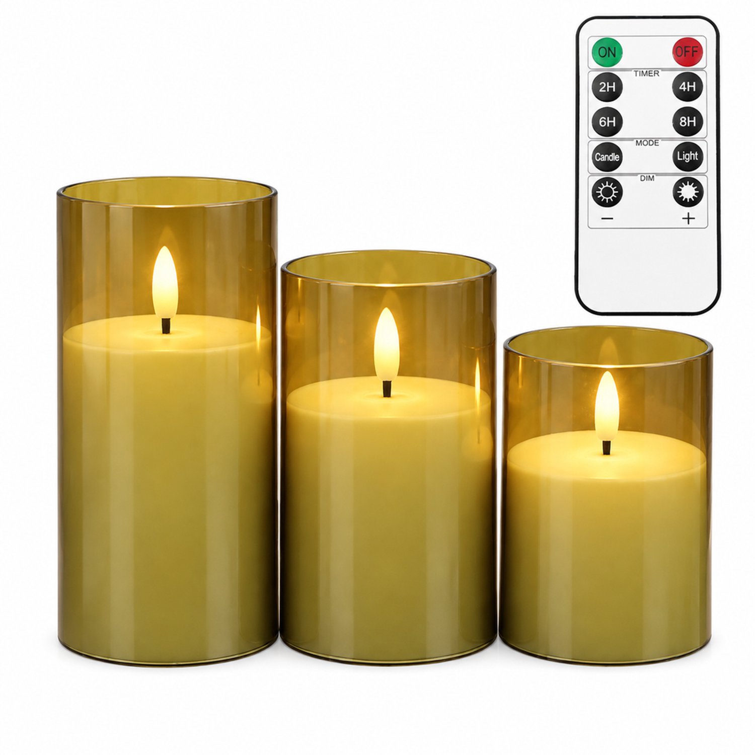SWGOTA led kaarsen, set van 3 met bruine behuizing en warme vlamvormige verlichting, afstandsbediening en timer, inclusief knoopcel voor de afstandsbediening