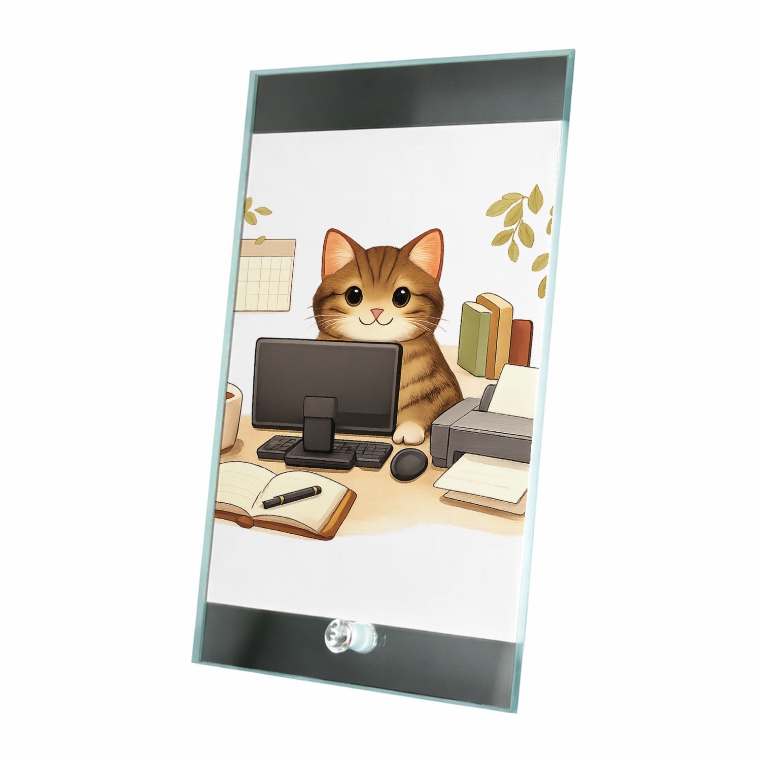 Mr Cadeautjes Glasframe 15 x 23 - design Een hond als ‘supportmedewerker’ aan een receptiebalie met e | cadeau Wit