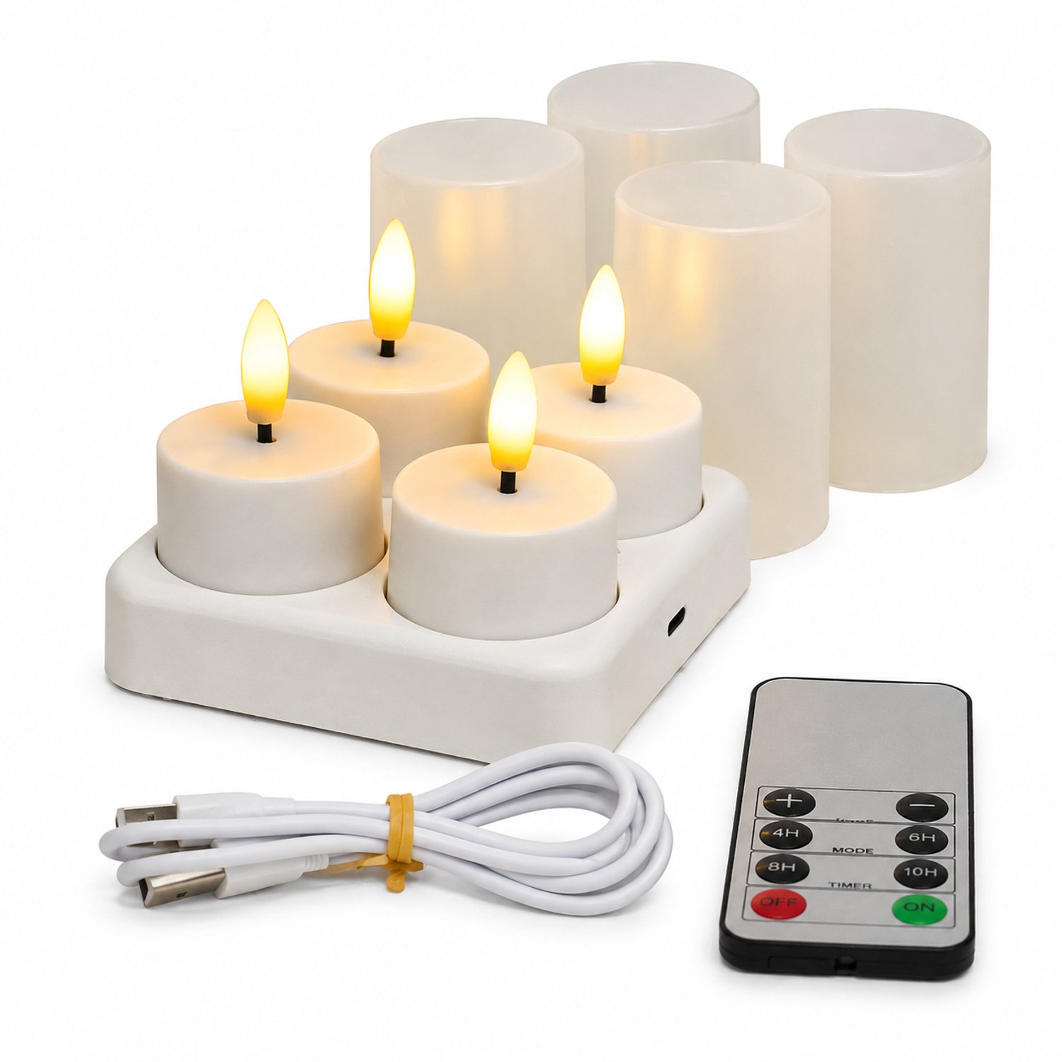 SWGOTA elektronische kaarsen - set van 4 theelichtjes met 4 kapjes, oplaadbasis voor 4 lampjes, afstandsbediening en laadkabel Wit