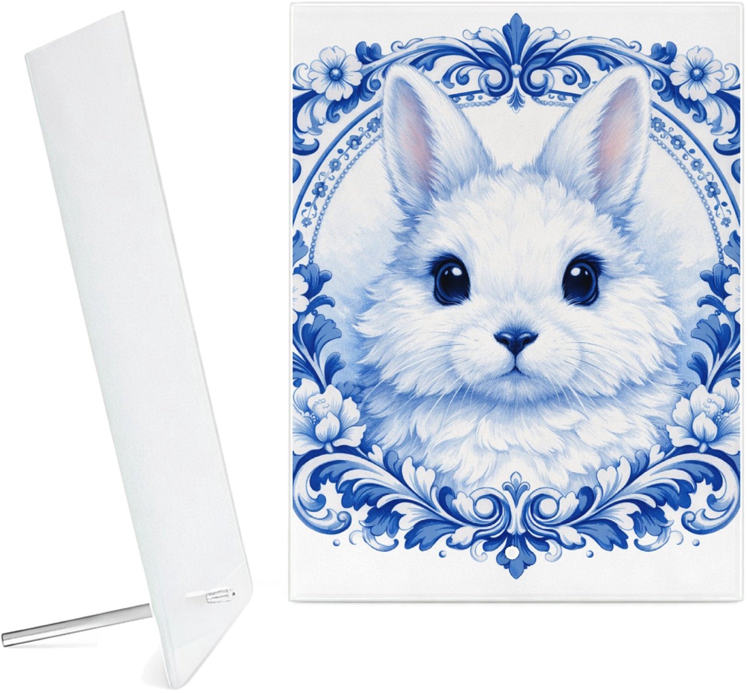 Mr Cadeautjes Glazen fotopaneel Een speels konijnportret met een klassieke krans van vintage - 15 x 20 cm, staand - glas, decoratie, wanddecoratie | cadeau Wit