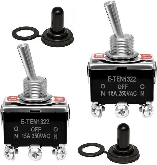 Twee E-TEN1322 tuimelschakelaars met metalen hendel en zwarte beschermkap, 15A 250VAC.