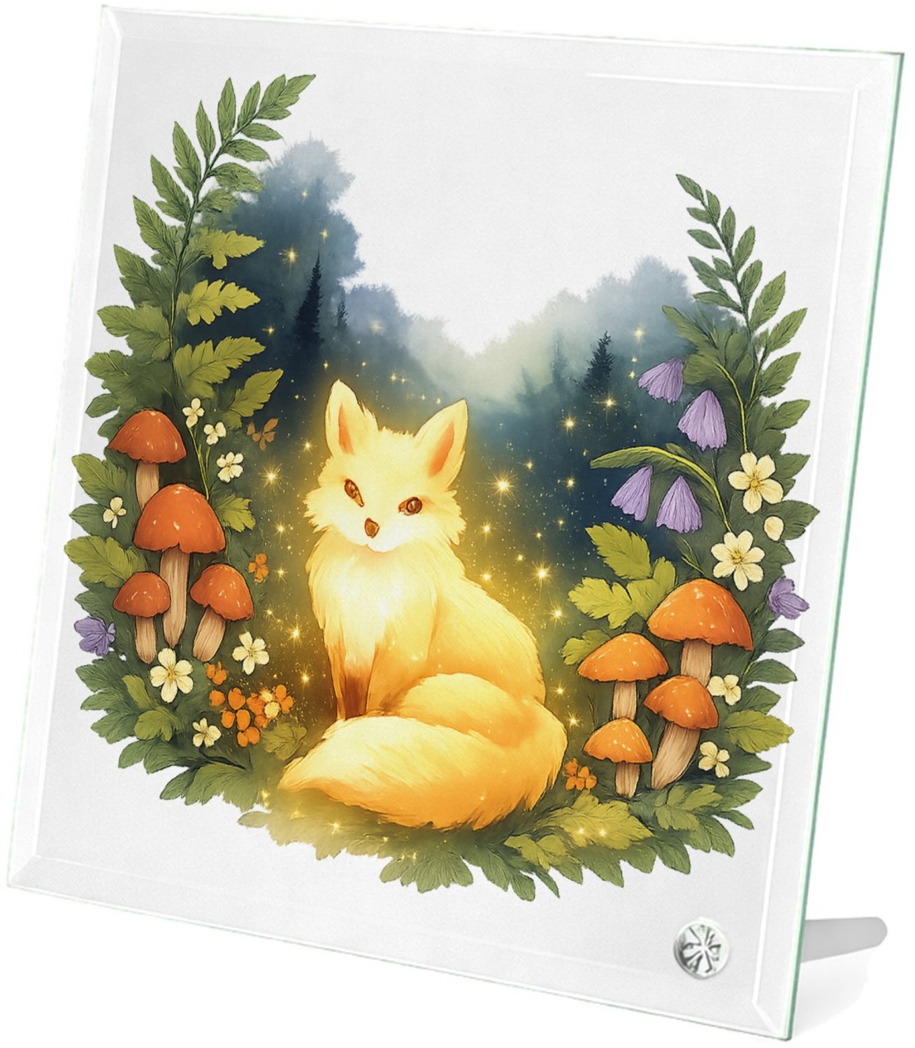 Mr Cadeautjes Glasframe 20 x 20 - design Een dromerig boslandschap met een lichtgevende vos tussen va | cadeau Wit