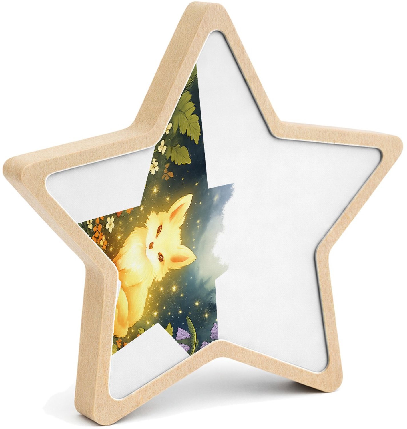 Mr Cadeautjes MDF fotolijst ster 14 x 13,5 - design Een dromerig boslandschap met een lichtgevende vos tussen va | cadeau Wit