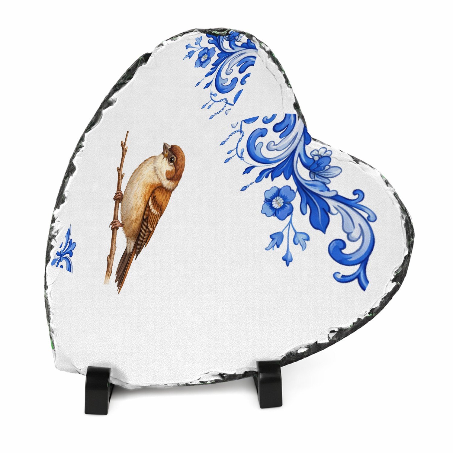 Mr Cadeautjes Leisteen hart 14 x 14 - design Een sierlijke vlinder centraal op een zachte botanische rand | cadeau Wit