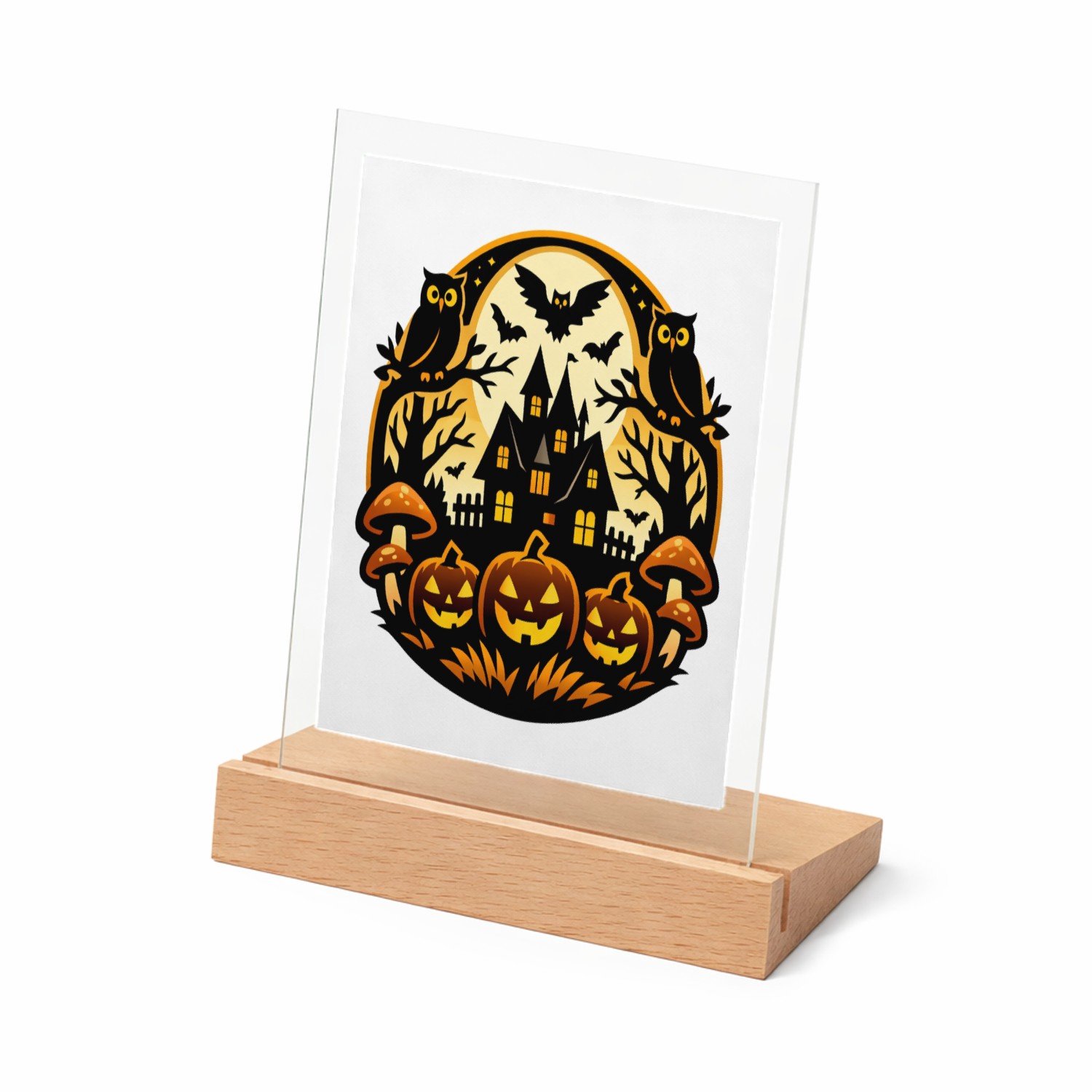 Mr Cadeautjes Glasframe met vaste tekst - design Een fantasierijke bosscène met een grote maan, uilen en padd | cadeau Wit