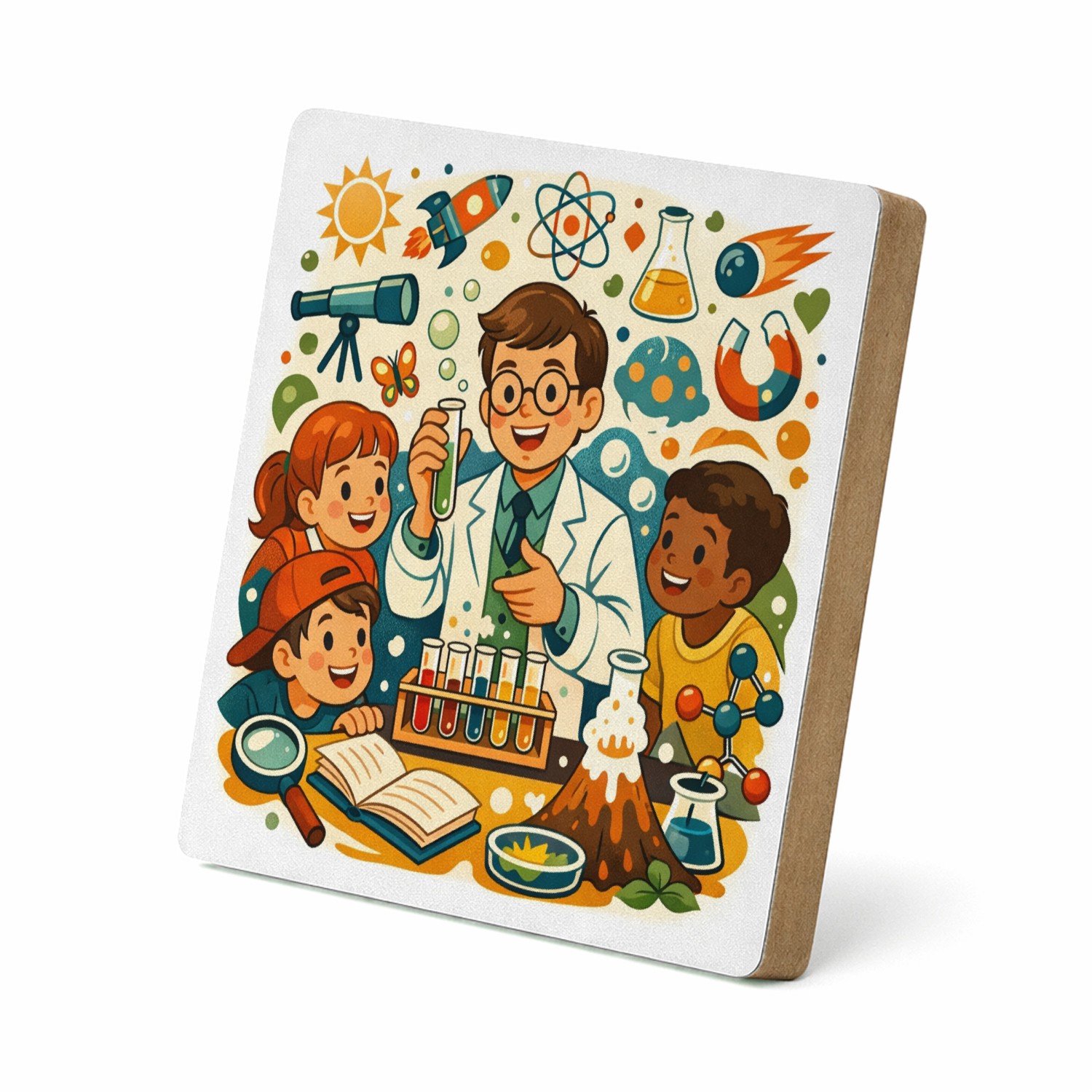 Mr Cadeautjes MDF staande fotolijst 15,2 x 15,2 - design Een energieke wetenschapsscène met buitenproeven en een spee | cadeau Wit