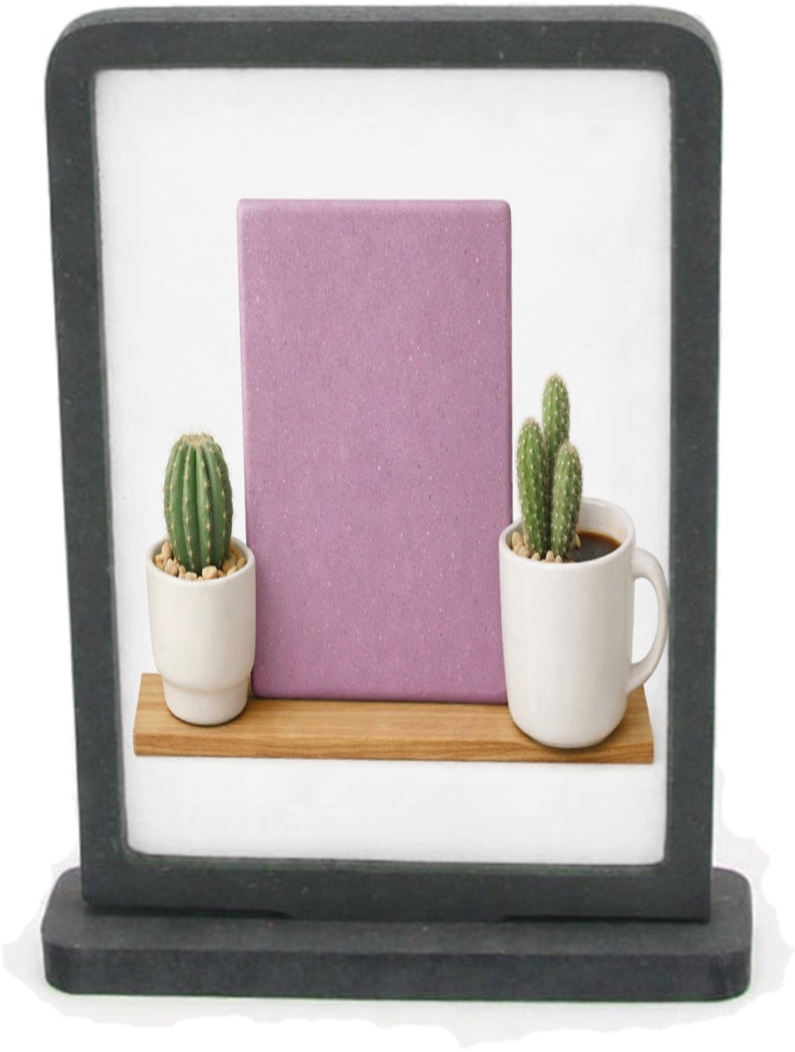 Mr Cadeautjes Houten fotolijst rechthoek met MDF inleg - design Een minimalistische koffiemok met twee kleine cactussen en e | cadeau Wit