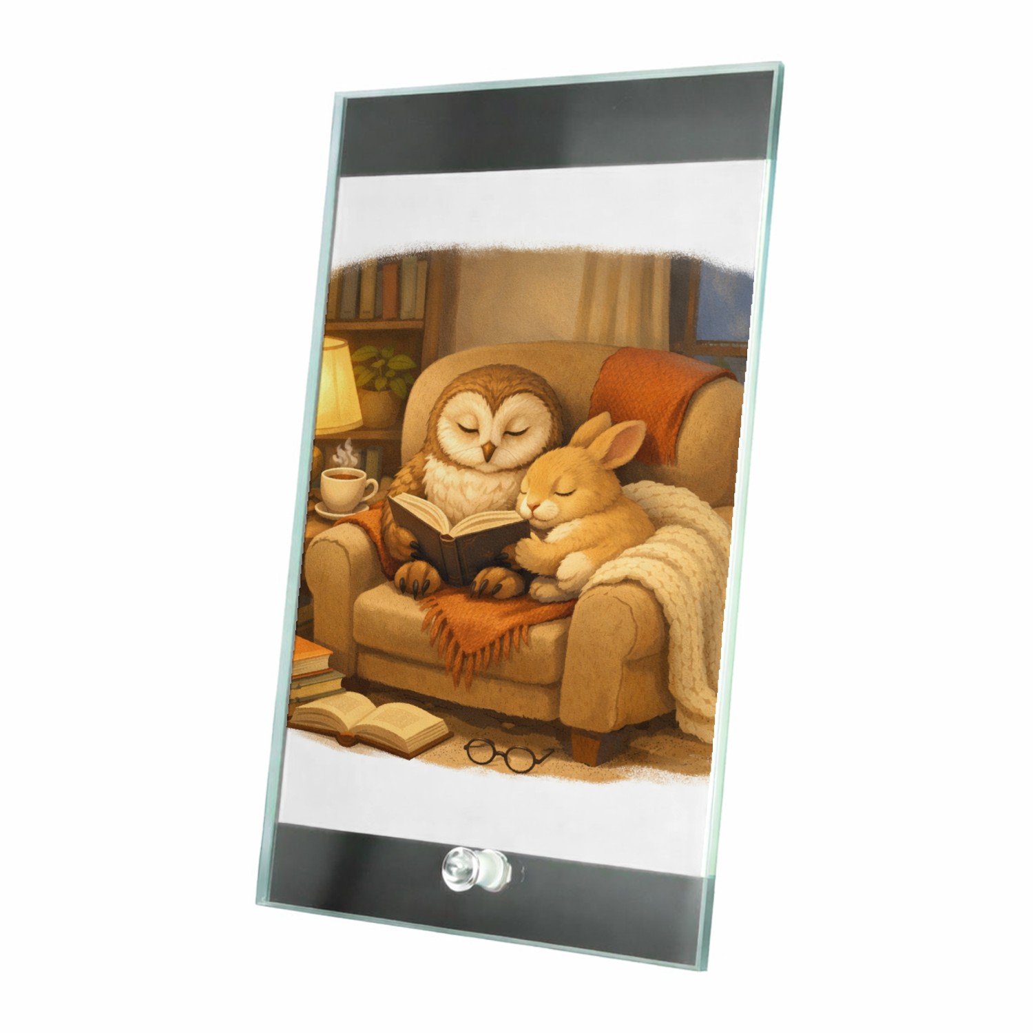 Mr Cadeautjes Glasframe 15 x 23 - design Een stille leeshoek met een uil en een konijn op een comfort | cadeau Wit