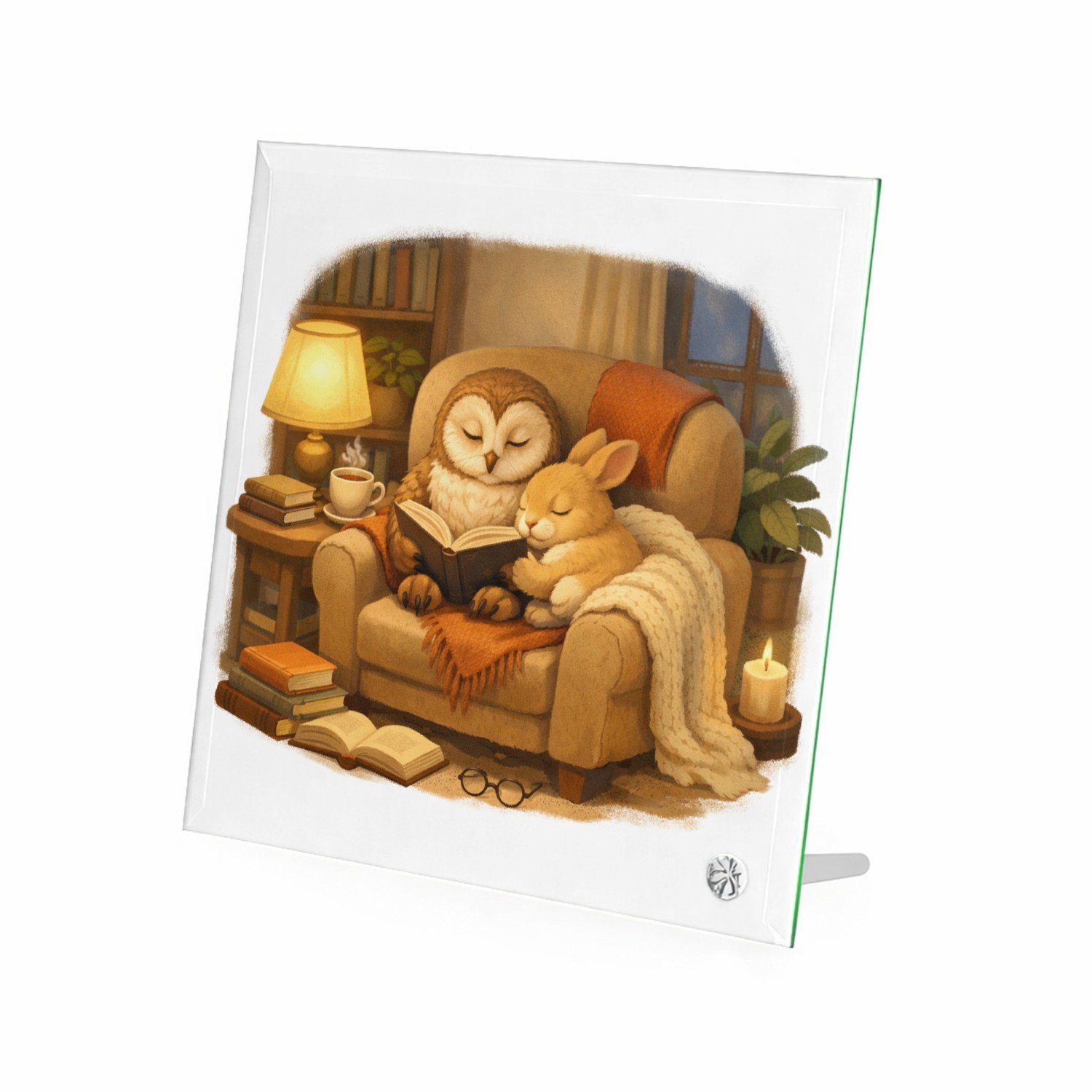Mr Cadeautjes Glasframe 20 x 20 - design Een stille leeshoek met een uil en een konijn op een comfort | cadeau Wit
