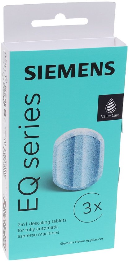 Turquoise doosje met 3 Siemens EQ series 2-in-1 ontkalkingstabletten voor volautomatische espressomachines.