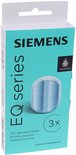 Turquoise doosje met 3 Siemens EQ series 2-in-1 ontkalkingstabletten voor volautomatische espressomachines.