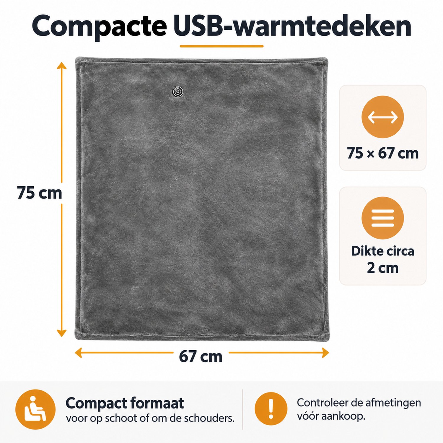 USB Warmtedeken WT-JMT01 – Elektrische Omslagdeken – 75 × 67 cm – 3 Warmtestanden – 5V/2A – Grijs – foto 4