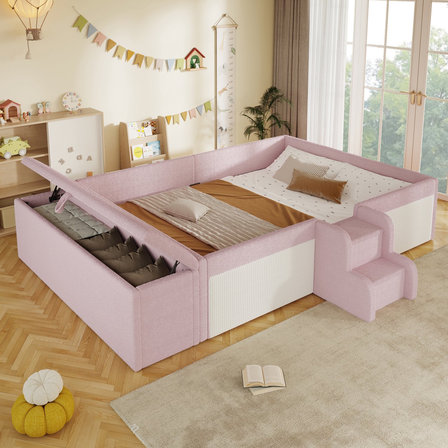 Zubaliya Gepolsterd bed, 140 x 190 cm, kleine trap, bedbank met opbergruimte, zonder matras, Bouclé, Roze