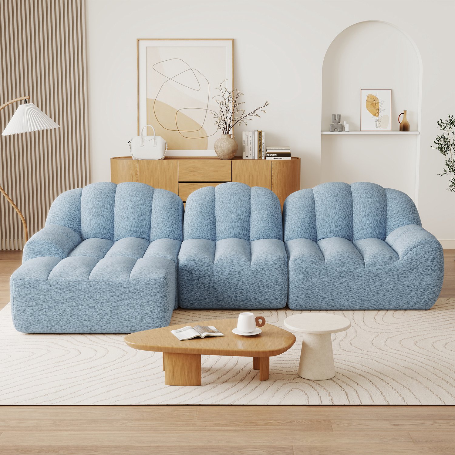 Vovtenza Modulaire L-vormige 3-zitsbank met 1 poef - frameloze bank gemaakt van 32D schuim met hoge dichtheid - diepe zitting - ideaal voor de woonkamer - zachte stof - blauw Blauw-1 poef