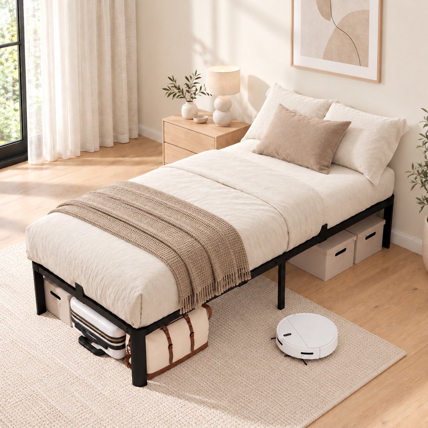KUTAS 1 Persoons Bed 90 x 200 cm - Eenpersoonsbed - Metalen Bedframe - Grote Opbergruimte - 300 kg Draagvermogen - Extra Stevig - Stil & Antislip - Duurzaam - Minimalistisch Design - Zwart
