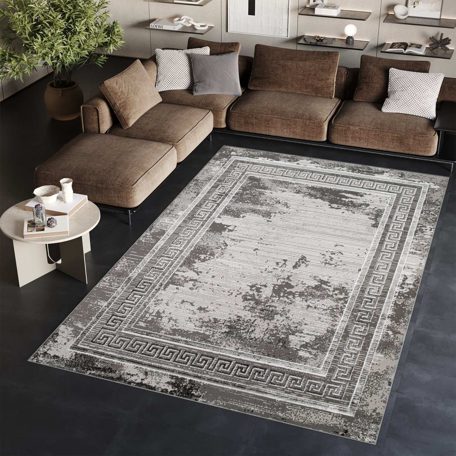 Tapiso Ares Vloerkleed Grijs Laagpolig Woonkamer Frame Oriental Tapijt Maat- 140x200 Donkergrijs