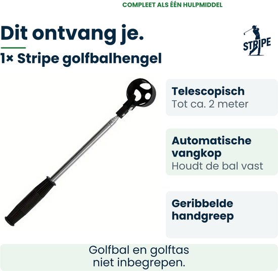Stripe telescopische golfbalhengel met automatische vangkop en geribbelde handgreep. Tot 2 meter uitschuifbaar.